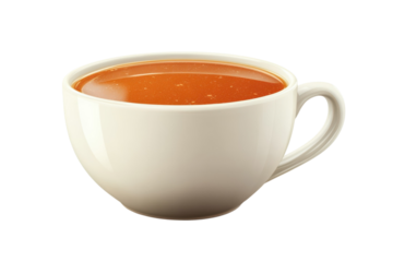 A comforting cup of tomato soup steaming gently to warm the soul and bring nostalgic joy on transparent background