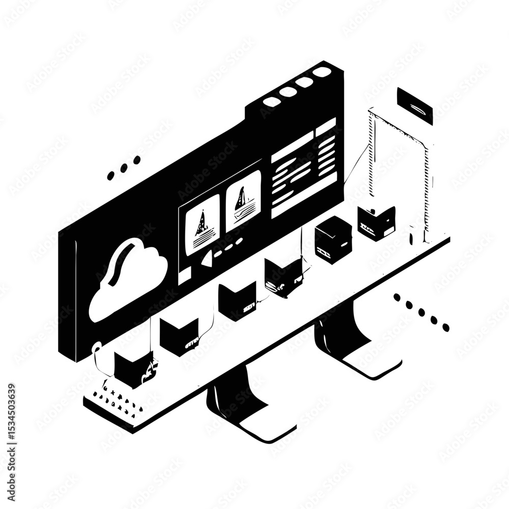 Poster isometric depiction of a complex network connected to a main server on screen silhouette icon