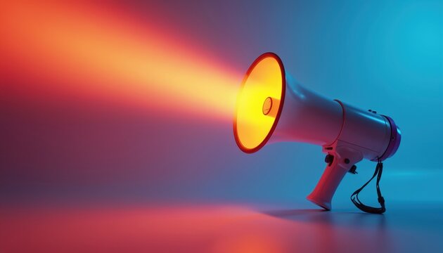Megaphone projecting bright light. Symbol announcement, broadcast event. Generative AI art shows public speech communication or event promotion. Loud speaker signal for advertisement.