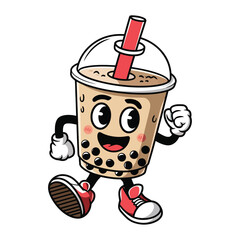 A happy bubble tea cup character with arms and legs, wearing red sneakers and white gloves. The cup is filled with light brown milk tea and black tapioca pearls