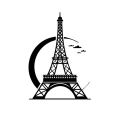 Obraz premium Eiffel Tower Black and White Silhouette with Circular Element and Clouds silhouette icon