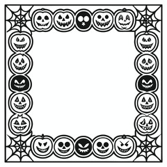 Spooky halloween border frame with jack o lanterns and spider webs in black and white