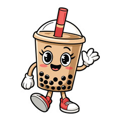 A happy bubble tea cup character with arms and legs, wearing red sneakers and white gloves. The cup is filled with light brown milk tea and black tapioca pearls
