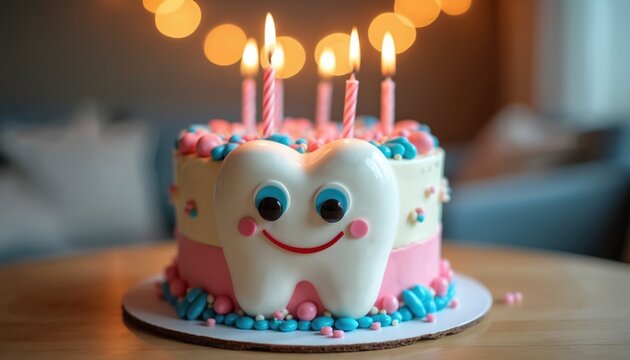 Funny smiling tooth themed birthday cake with candles. Cute dessert for dentist day, kid party. Celebration, happy time. Cake stands on table, festive colors. Joyful vibes. Sweet food, smiling, fun.