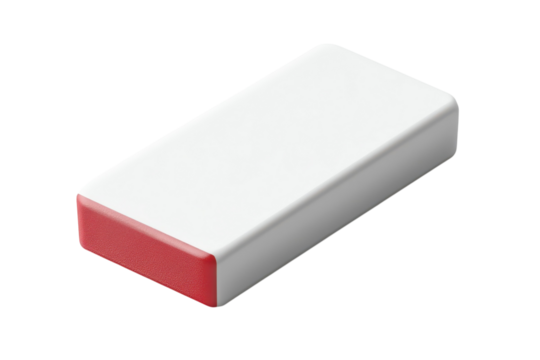 A crisp white eraser ready to correct mistakes with a touch of vibrant red showing its purpose on transparent background
