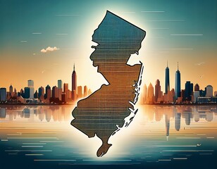 silhouette of the state of New Jersey map against a city skyline background. The skyline is set against a colorful sunset or sunrise.