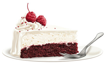 A delectable slice of Red Velvet cake adorned with luscious cream and fresh raspberries a on transparent background