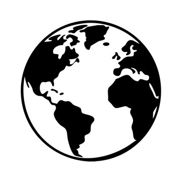 Simple black and white earth globe vector showing the continents silhouette icon