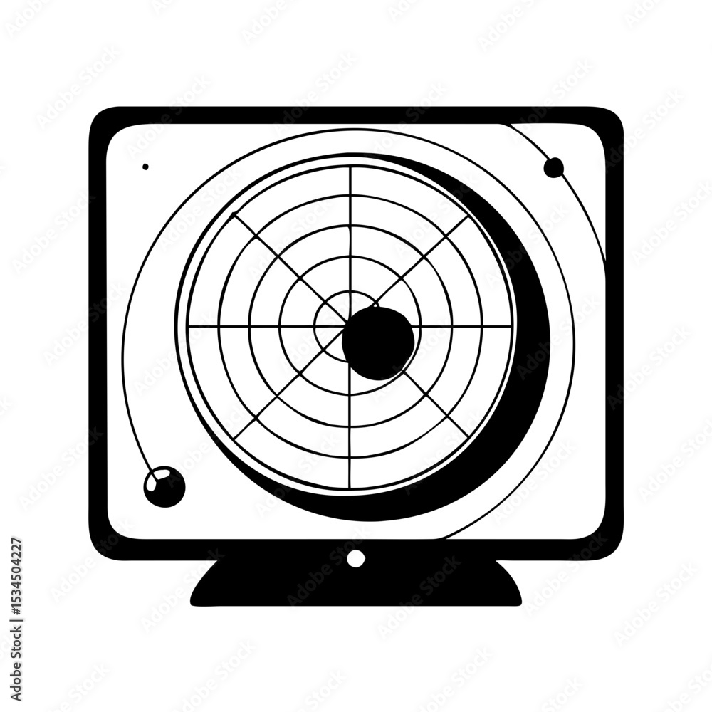 Poster retro futuristic radar display with orbiting objects and a simple grid silhouette icon