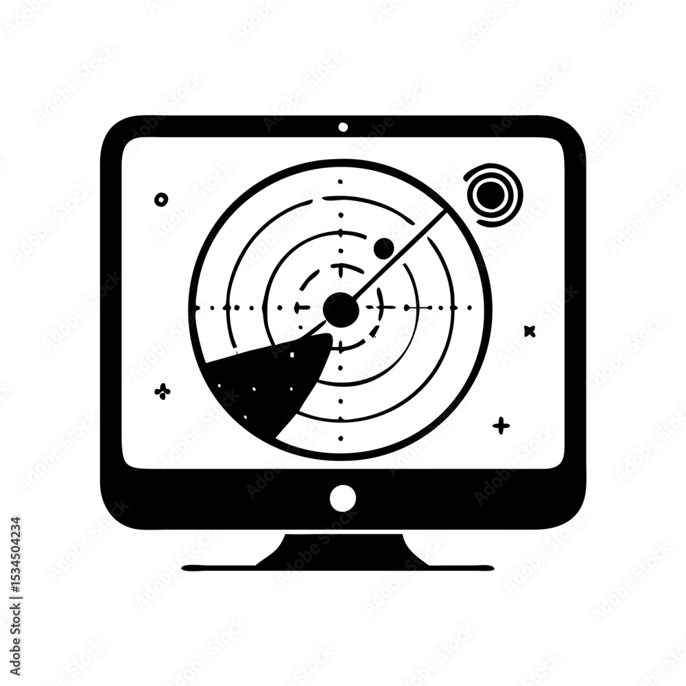 Poster retro radar screen displaying signal with a modern computer monitor outline silhouette icon