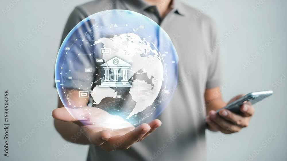 Poster man holding digital globe with bank icon and connected dots while holding a smartphone in his hand
