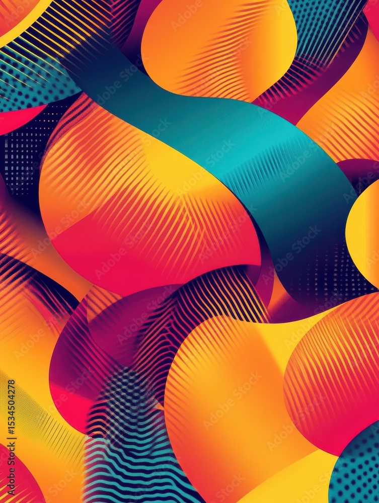 Poster a vibrant and abstract geometric pattern composed of intersecting shapes and bold colors, perfect fo