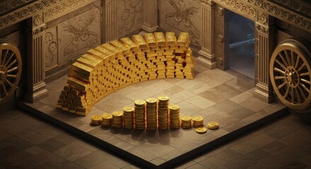 Ancient Treasury Gold Coin & Bar Wealth Accumulation Illustration