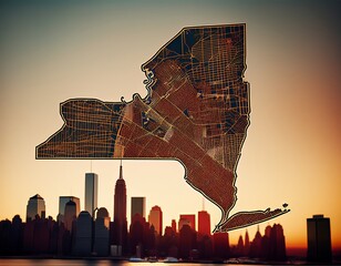 silhouette of New York City state map with a detailed map of its streets and landmarks. The cityscape in the background adds depth and context to the image.