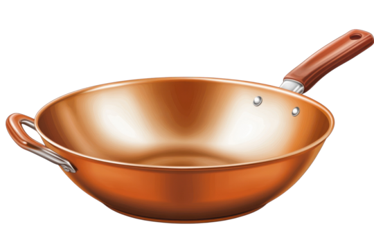 A gleaming copper wok promises culinary adventures and flavorful feasts in the kitchen on transparent background