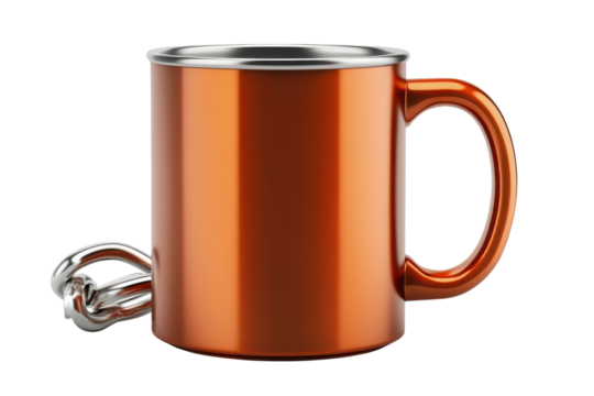A gleaming copper mug seemingly captured mid adventure with a silver chain beckons for tales on transparent background
