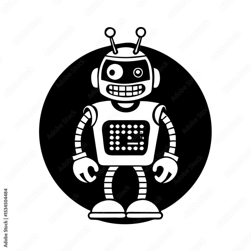 Poster monochrome vector of a friendly robot character with antennae and screen silhouette icon