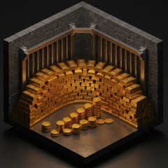 Isometric 3D Render of a Dungeon Treasury Filled with Gold Bars and Coins