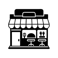 Minimalist Storefront Icon with Awning and Window Display in Black and White silhouette icon
