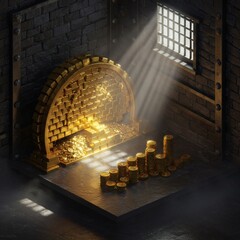 Illuminated Gold Treasure A 3D Render of a Vaulted Coin
