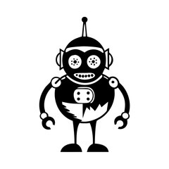 Stylized black and white retro robot cartoon character with antennae and screen silhouette icon