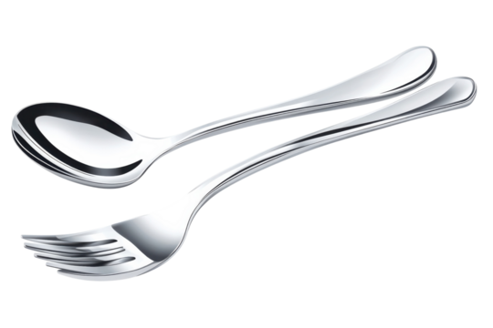 A gleaming spoon and fork hinting at culinary adventures ready to serve and savor every bite on transparent background