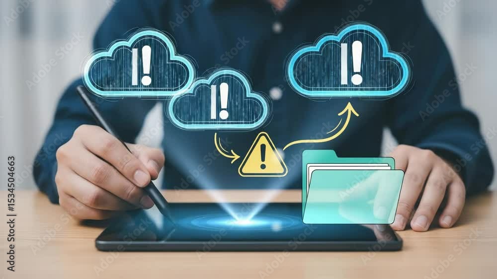 Aufkleber Person using tablet with stylus pen for cloud data transfer and security with warning sign icon