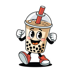 A happy bubble tea cup character with arms and legs, wearing red sneakers and white gloves. The cup is filled with light brown milk tea and black tapioca pearls