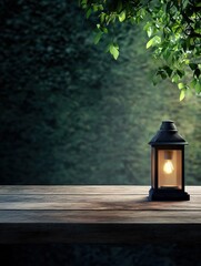 lantern on the wood table with copyspace