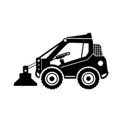 Naklejka premium Stylized black skid steer loader side view on a white backdrop silhouette icon