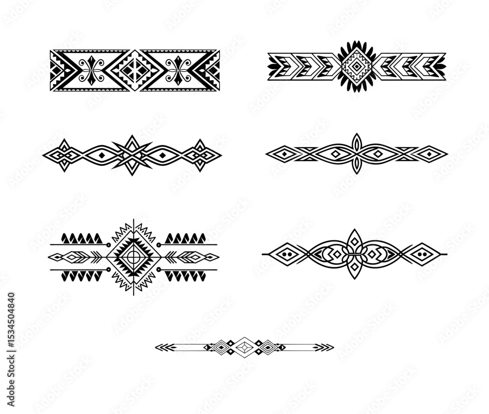 Poster collection of decorative vector separators with geometric patterns and complex details in ethnic sty