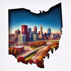 outline map silhouette of the state of Ohio filled with a city skyline and autumn foliage. The contrast between the state shape and the vibrant colors is striking.
