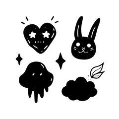 Cute black and white sticker set with a rabbit heart and cloud silhouette icon
