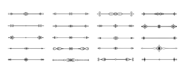 Collection of decorative vector separators with elegant patterns and symmetrical motifs in sophisticated style for postcard design and typography, transparent backgrounds