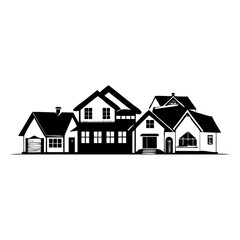 Elegant black and white vector of several residential houses lined up, beautifully designed silhouette icon