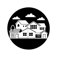 Stylized Vector vector of a Suburban Neighborhood in Black and White silhouette icon