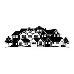Monochrome vector of an interconnected cluster of houses with tree accents silhouette icon