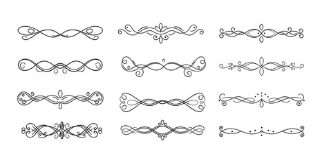 Obraz premium Collection of decorative vector separators with smooth lines and floral motifs in elegant and refined style for postcard design and typography, transparent backgrounds