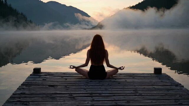Relaxation by water sunset light. Meditation moment at golden hour. Sunset brings peace mind. Gentle meditation on dock. Sunset meditation gives calm and relaxation. Nature glow supports inner balance