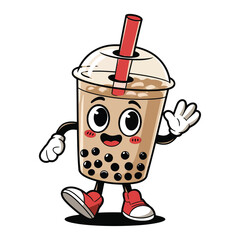 A happy bubble tea cup character with arms and legs, wearing red sneakers and white gloves. The cup is filled with light brown milk tea and black tapioca pearls