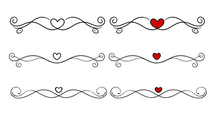 Decorative elements for postcards and typography with heart motifs, A collection of isolated vector separators for text, on a transparent background  