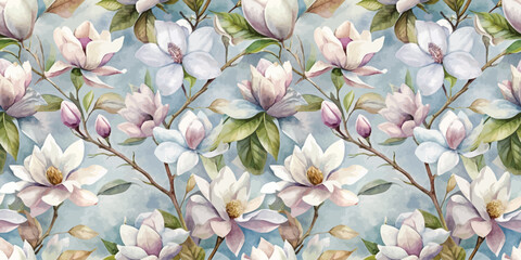 Delicate floral pattern featuring magnolia flowers in soft pastel colors.