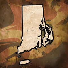 silhouette of the state of Rhode Island map against a textured, aged background. The state shape is filled in white, providing a stark contrast to the background.