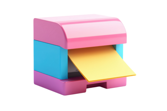 A playful colorful 3D printer churning out bright ideas on golden paper against a void on transparent background