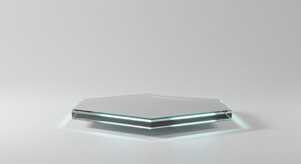 Hexagonal Glass Display Platform with Subtle Teal Lighting Minimalist Product Showcase