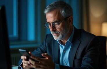 Senior businessman uses smartphone in office at night. Mature adult male wearing eyeglasses focused on mobile phone screen, working late. Technology, business, work concept. Copy space.
