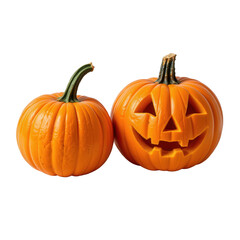 Obraz premium Two Vibrant Orange Pumpkins with a Classic Jack-O'-Lantern Face for Halloween Festivities and Decorations