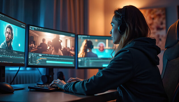 Woman works on computer with multiple monitors, editing video. Modern tech setup for content creation. Digital content production process. Online media production. Video editing studio. Tech,
