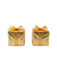 Elegant Golden Gift Boxes with Yellow Ribbons Isolated on a White Background for Creative Concept Design