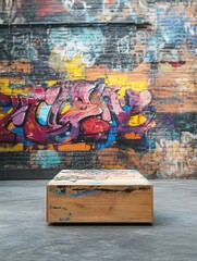 Empty display podium in an urban space with graffiti walls. Street art, youth culture concept with copy space.